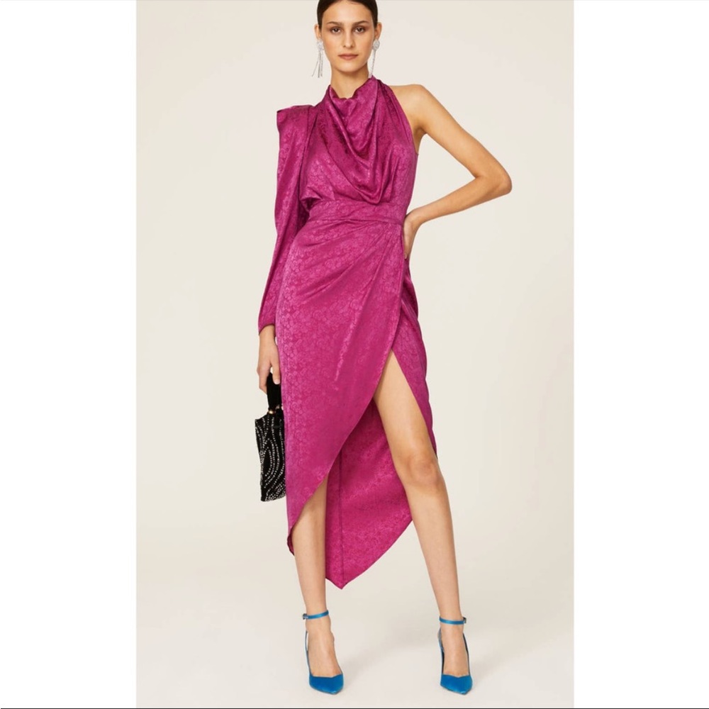 Ronny Kobo Collection Women’s Sz Small Pink Lily Silk One Sleeve Midi Dress